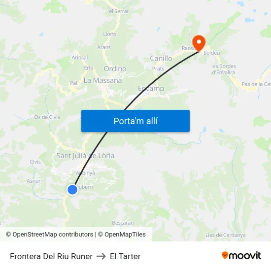 Frontera Del Riu Runer to El Tarter map