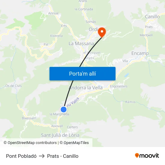 Pont Pobladó to Prats - Canillo map