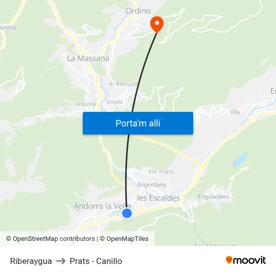 Riberaygua to Prats - Canillo map