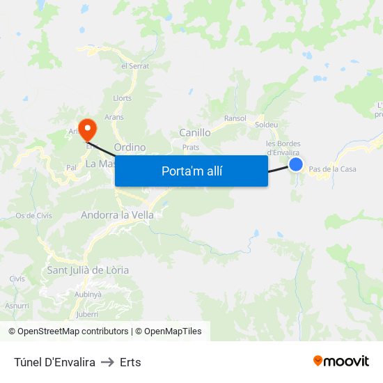 Túnel D'Envalira to Erts map