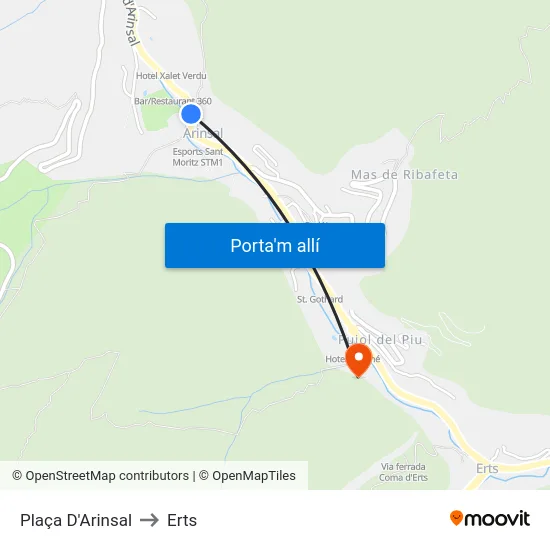 Plaça D'Arinsal to Erts map