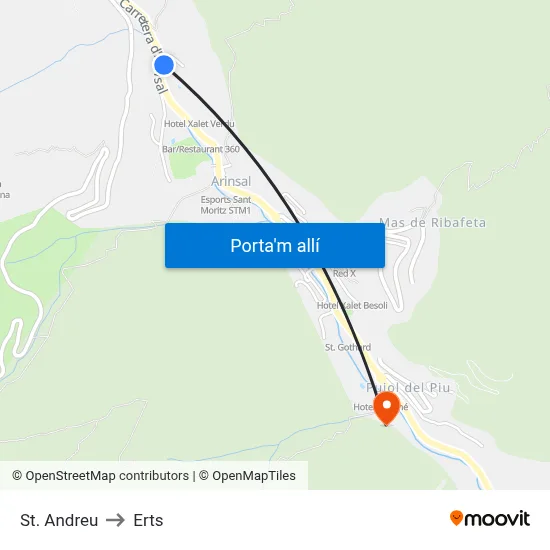 St. Andreu to Erts map