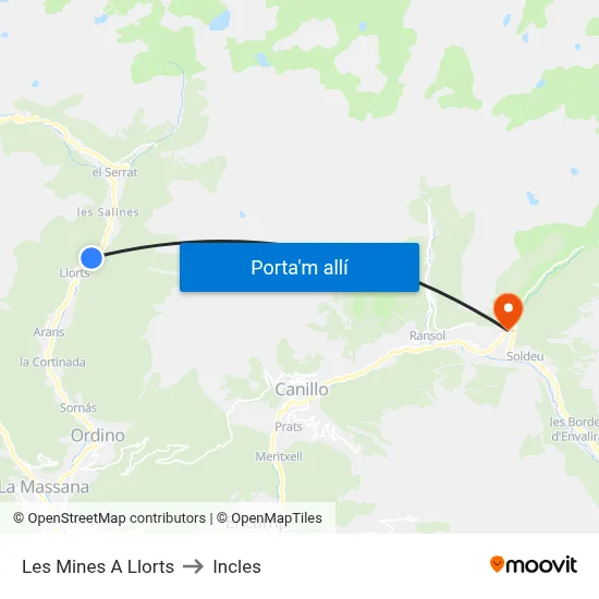 Les Mines A Llorts to Incles map