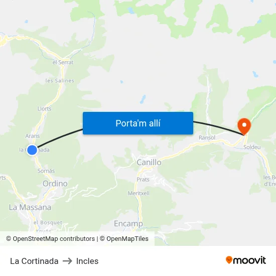 La Cortinada to Incles map