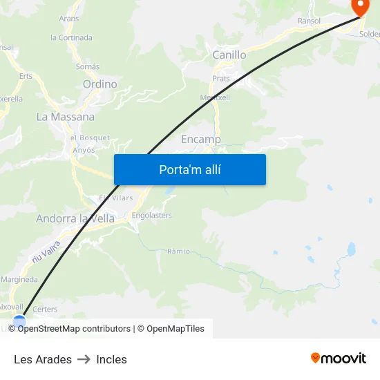 Les Arades to Incles map