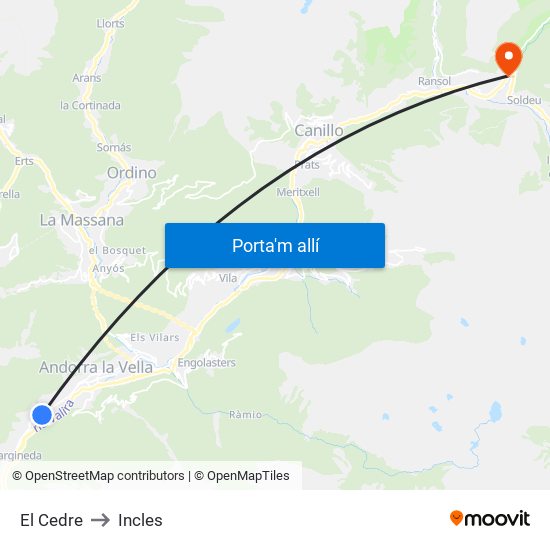 El Cedre to Incles map