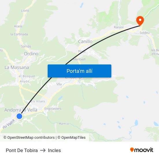 Pont De Tobira to Incles map