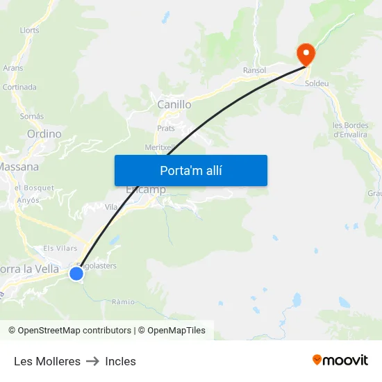 Les Molleres to Incles map