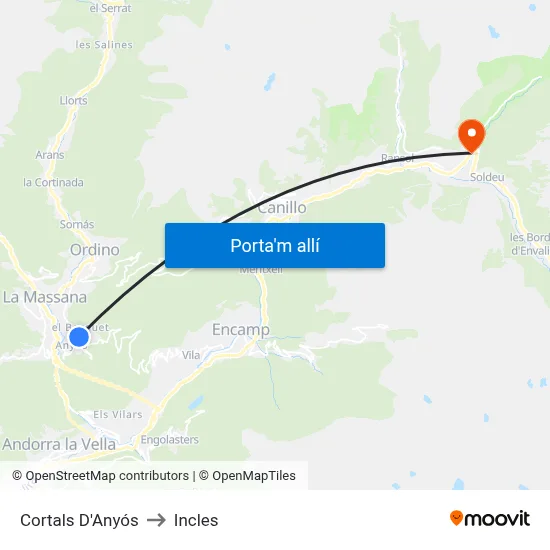 Cortals D'Anyós to Incles map