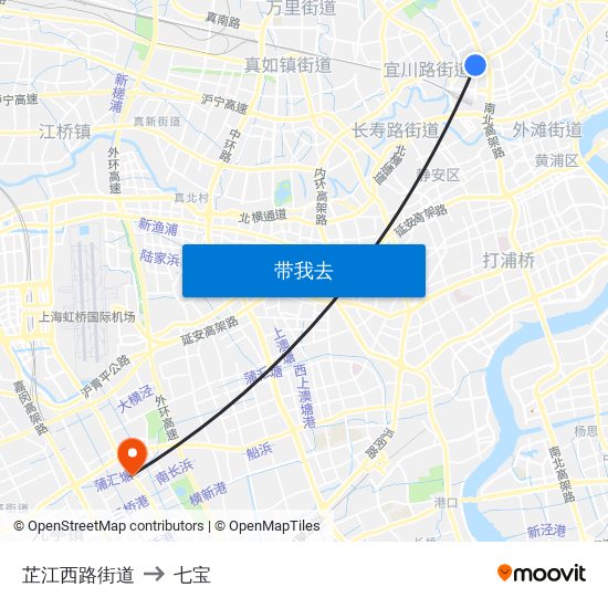 芷江西路街道 to 七宝 map