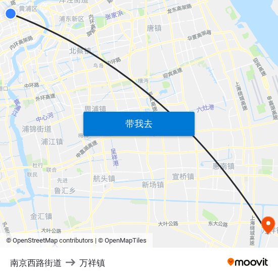 南京西路街道 to 万祥镇 map