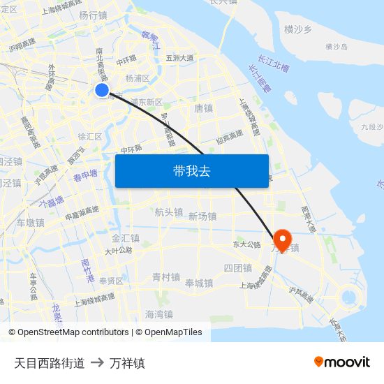 天目西路街道 to 万祥镇 map