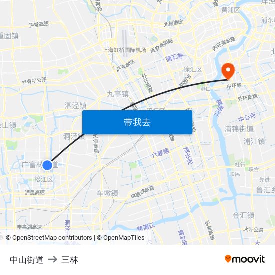 中山街道 to 三林 map