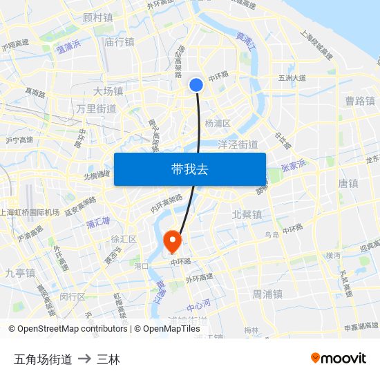 五角场街道 to 三林 map