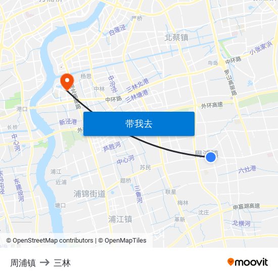 周浦镇 to 三林 map