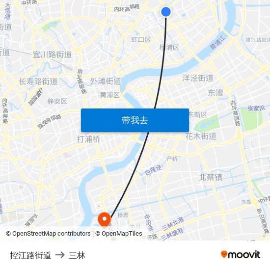 控江路街道 to 三林 map