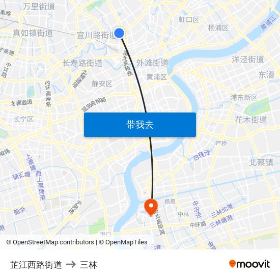 芷江西路街道 to 三林 map