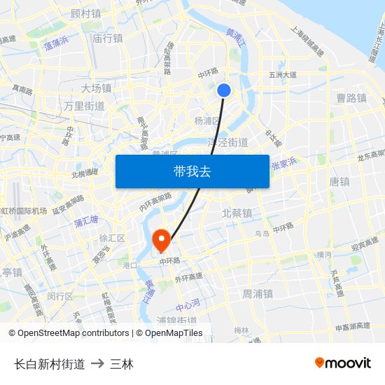 长白新村街道 to 三林 map