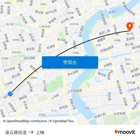 凌云路街道 to 上钢 map