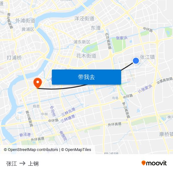 张江 to 上钢 map