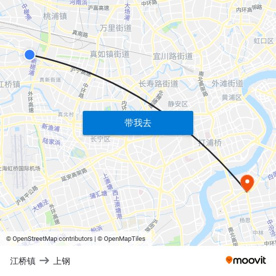 江桥镇 to 上钢 map