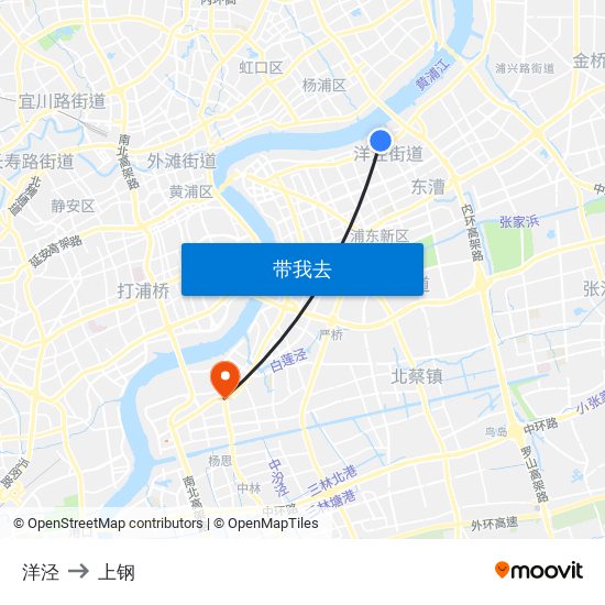 洋泾 to 上钢 map