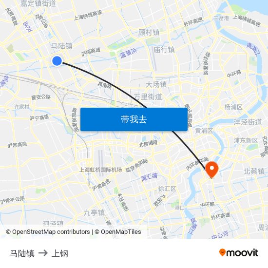 马陆镇 to 上钢 map