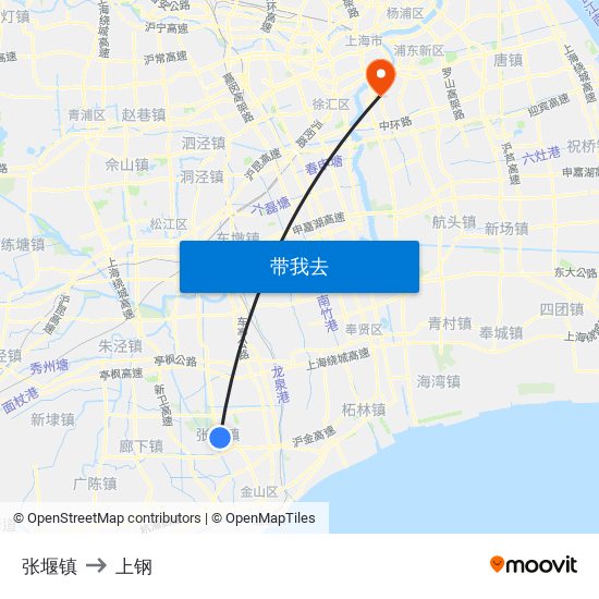 张堰镇 to 上钢 map