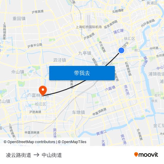 凌云路街道 to 中山街道 map