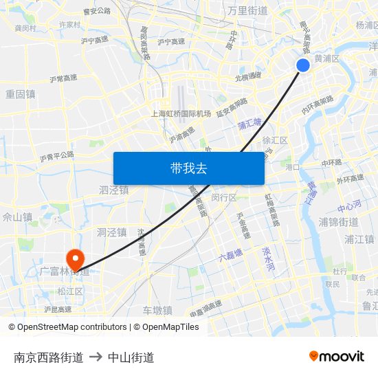 南京西路街道 to 中山街道 map