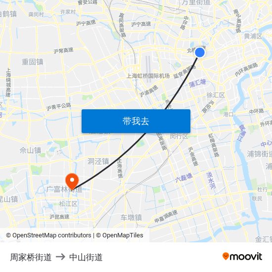 周家桥街道 to 中山街道 map