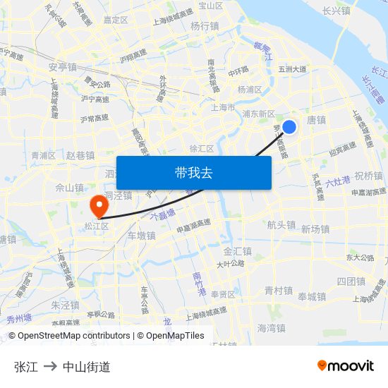 张江 to 中山街道 map