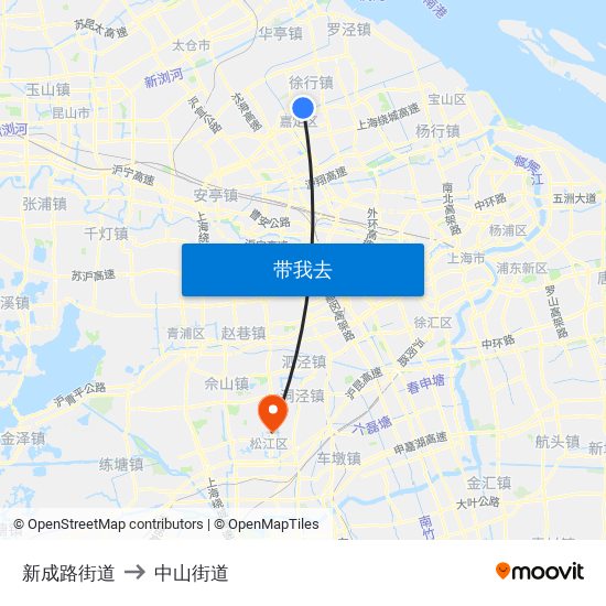 新成路街道 to 中山街道 map