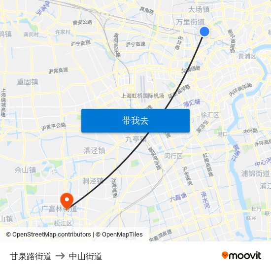 甘泉路街道 to 中山街道 map