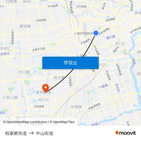 程家桥街道 to 中山街道 map