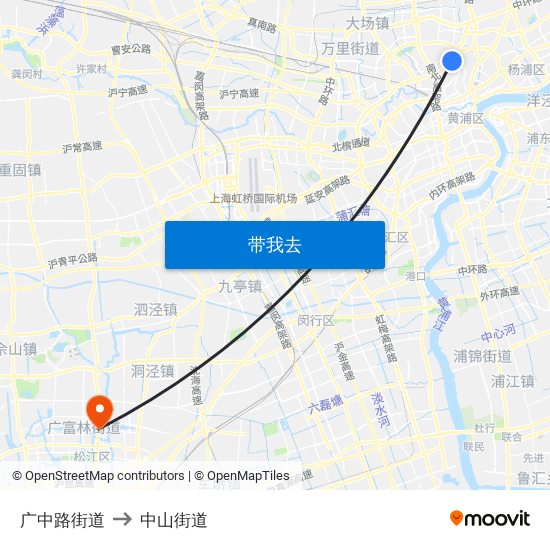 广中路街道 to 中山街道 map