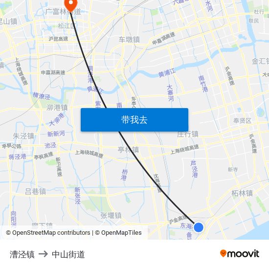 漕泾镇 to 中山街道 map