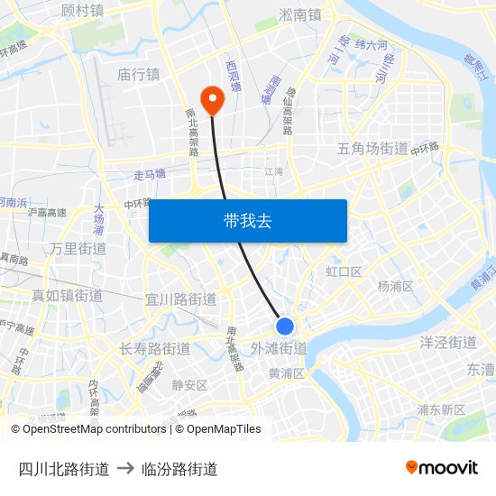 四川北路街道 to 临汾路街道 map