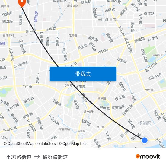 平凉路街道 to 临汾路街道 map