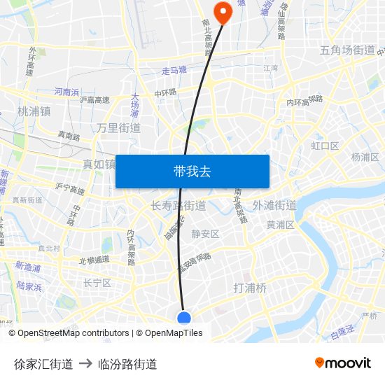 徐家汇街道 to 临汾路街道 map