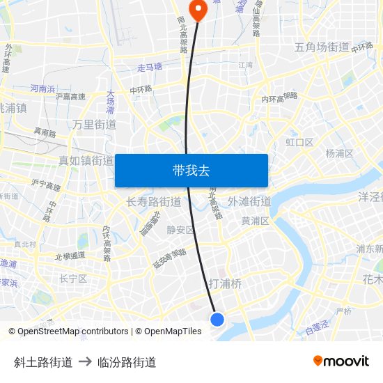 斜土路街道 to 临汾路街道 map