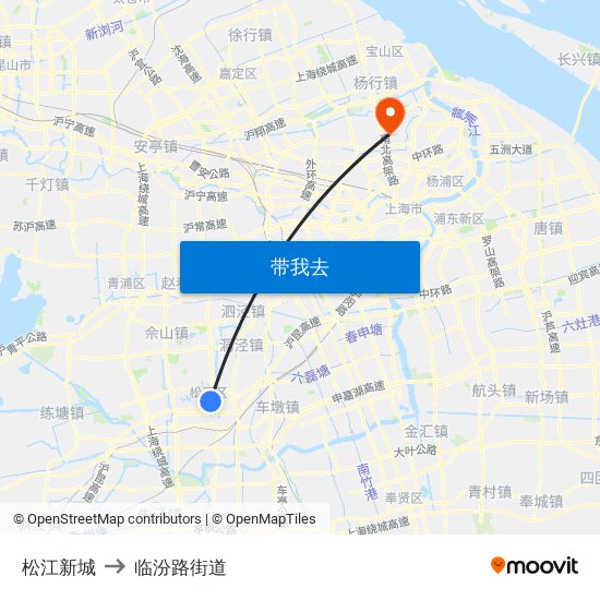 松江新城 to 临汾路街道 map