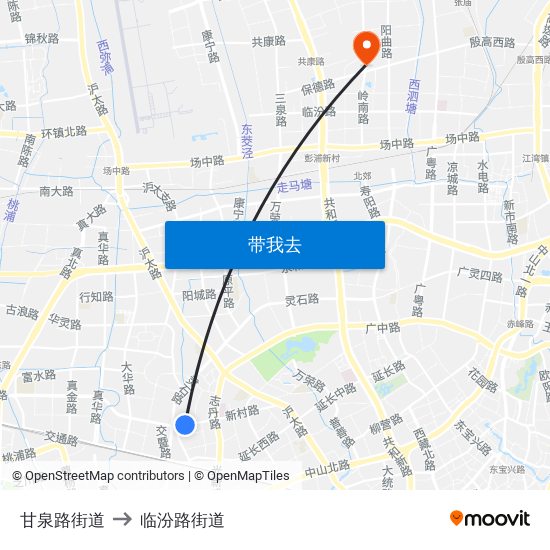 甘泉路街道 to 临汾路街道 map