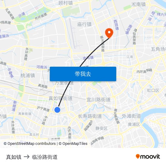 真如镇 to 临汾路街道 map