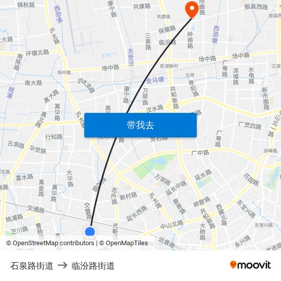 石泉路街道 to 临汾路街道 map