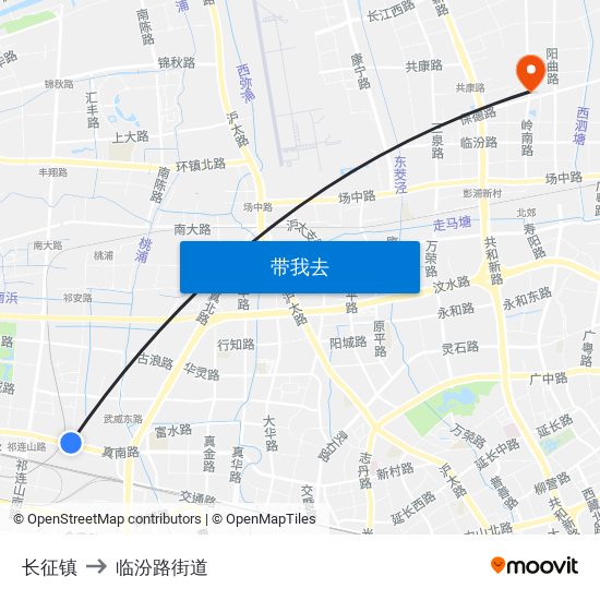 长征镇 to 临汾路街道 map