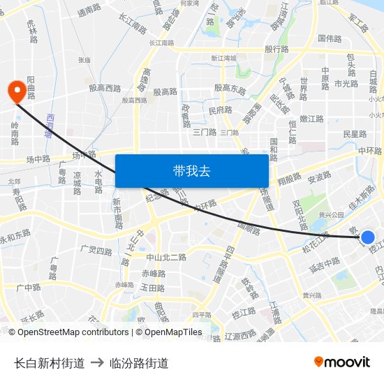 长白新村街道 to 临汾路街道 map