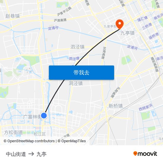 中山街道 to 九亭 map