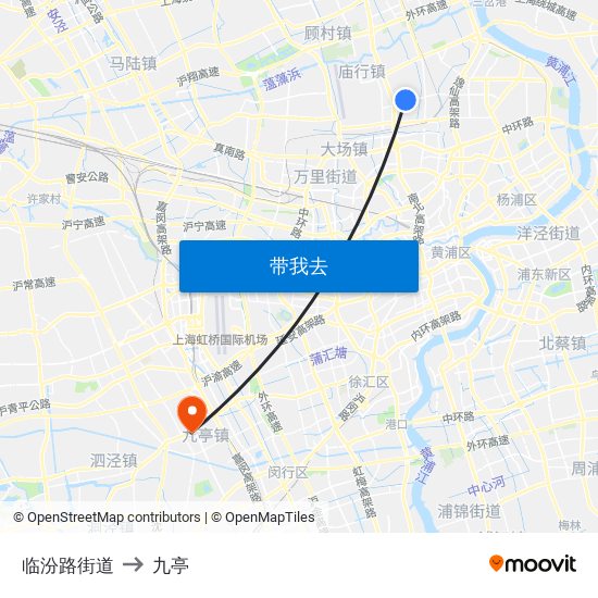 临汾路街道 to 九亭 map