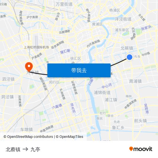 北蔡镇 to 九亭 map